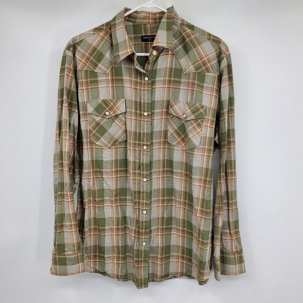 Pashartuk Green Plaid Women's Collared Western Pearl Snap Button Down Shirt 2XL